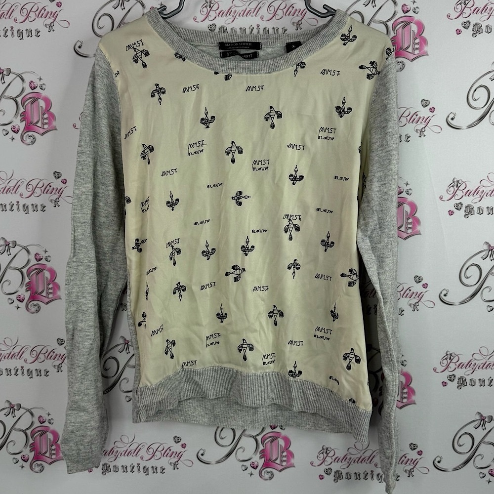 Maison scotch Long sleeve embroidered Gray and Cream Knit Top sweater